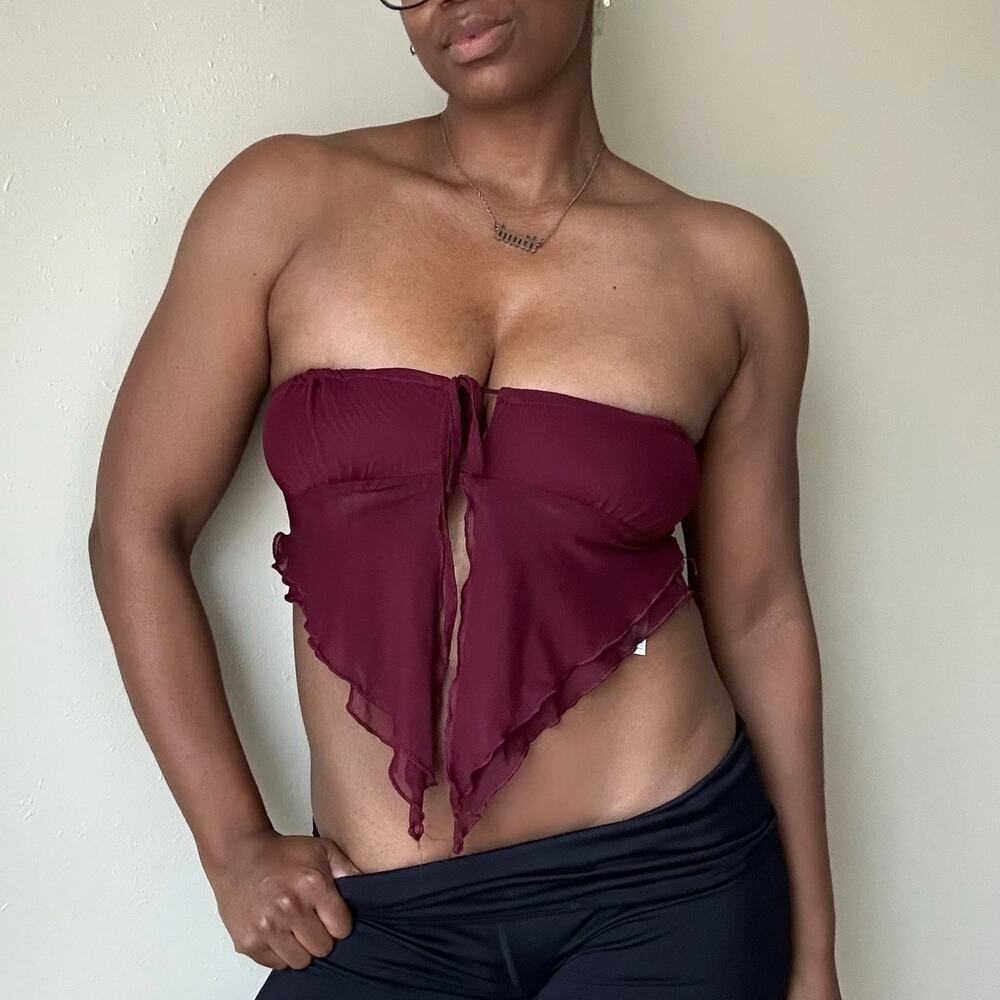 Edikted Y2k Stye Ariyah Burgundy Open Back Mesh Ruffle Top Size Small